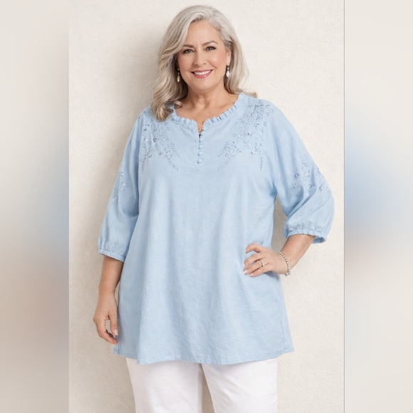 unbranded Tops - Womens Blouse XXL Light Blue Floral Embroidered Peasant Boho Cottagecore Festive